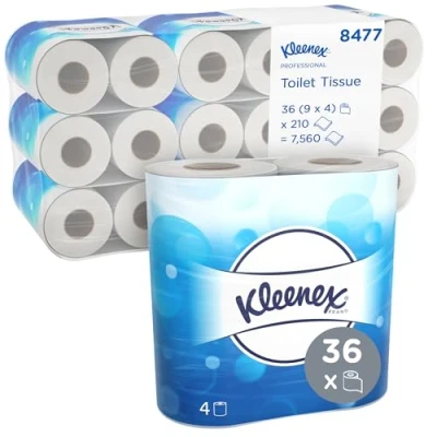 Image of Kleenex Standard Size Toilet Roll 8477 2 Ply Paper 9 Packs of 4 Rolls x 210 White Tissue Sheets (36 / 7,560 Total)