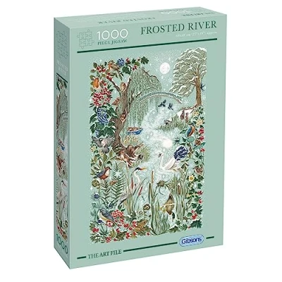 Image of The Art File: Frosted River 1000 Piece Jigsaw Puzzle Jungle Animals Sustainable for Adults Premium 100% Recycled Board Great Gift Gibsons Games