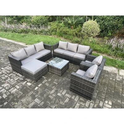 Image of Outdoor Rattan Garden Furniture Set 9 Seater Patio Lounge Sofa with Armchair Square Coffee Table Big Footstool Dark Grey Mixed Fimous