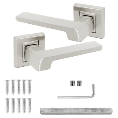 Image of Decoranddecor Brushed Chrome Door Handles Lever On Solid Metal Square Rose Internal