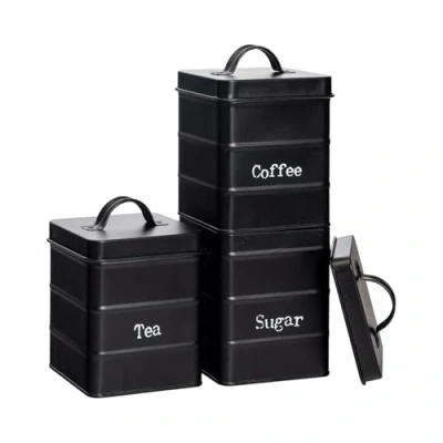 Image of Harbour Housewares Round Metal Tea Coffee Sugar Canisters Black 3pc Set Vintage Kitchen Storage Loose Beans Granulated Airtight Container Food Preserve Caddy with Lid