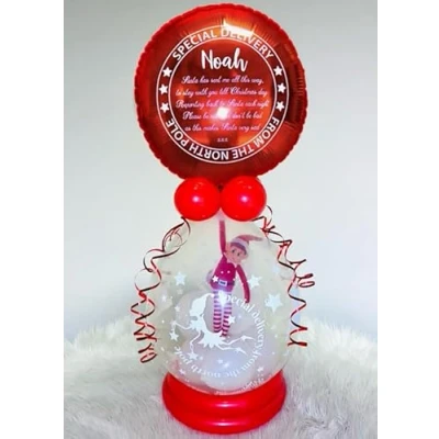 Image of Personalised Naughty Elf Arrival Inflated Christmas Pop Me Stuffed Balloon Centrepiece Display Decoration 80cm