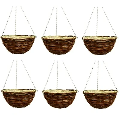 Image of Fyne Finds Set of 6, 36cm 14Inch Dark Brown Wicker Hanging Basket Lined Rattan Willow Planter with Liner Metal Chain