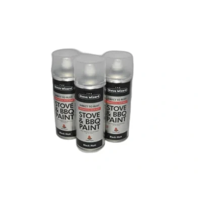 Image of The Stove Wizard BBQ &amp; Aerosol Professional Trade Paint BLACK Very High Temperature Resistant Up to 650C BBQs, Stoves, Chimineas, Automotive, Fire Screens Surrounds 3 x 400ml tins