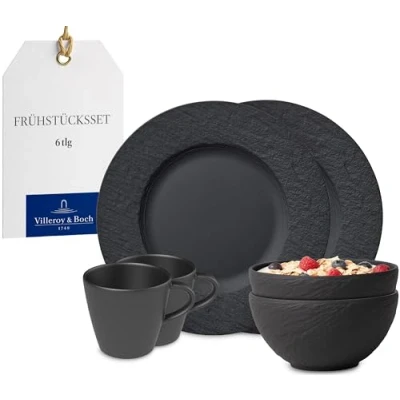 Image of Villeroy &amp; Boch Manufacture Breakfast Set, 6 pces., Tableware Set for 2 People, Premium Porcelain, Black