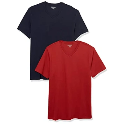Image of Amazon Essentials Men&#039;s T Shirt Slim Fit Short Sleeved V Neck, Pack of 2, Dark Red/Navy, L