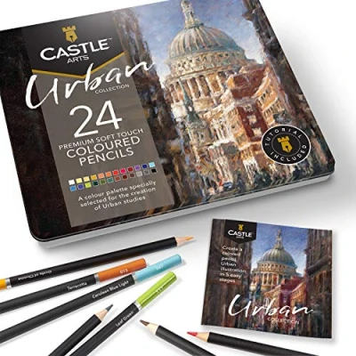 Image of Castle Art Supplies 24 urban coloured pencils set for adults artists ideal sketching colouring drawing quality smooth cores superior blending &amp; layering performance achieving results