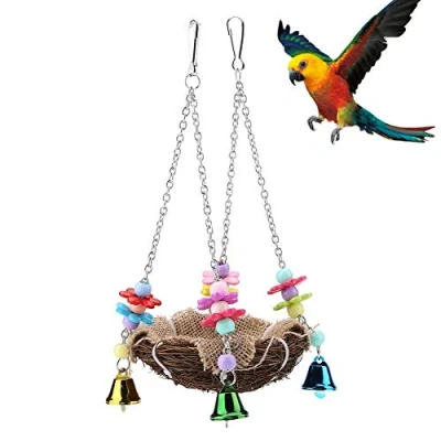 Image of Felenny Natural Rattan Nest Bed Bird Hanging Toy with Bells Multifunctional Swing Standing Perch Cage Hammock Suitable for Parrot Cockatiel Parakeet Other Birds