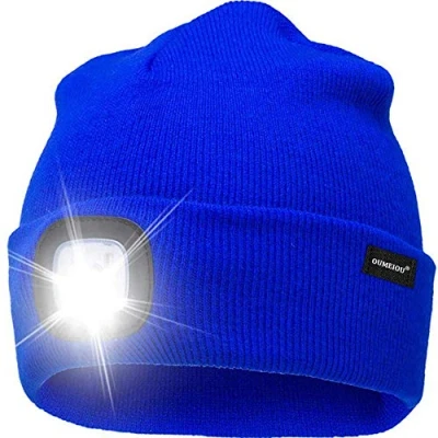 Image of Oumeiou New Warm Bright LED Lighted Beanie Cap Unisex Rechargeable Headlamp Hat Multi Color (Blue)