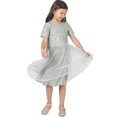 Image of Maya Deluxe Girl&#039;s Midi Dress for Wedding with Sequin Embellishment Short Sleeve Prom Birthday Party Bridesmaid, Green Lily, 7 8 Years