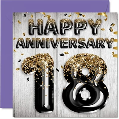 Image of Awesome 18th Anniversary Card for Husband Boyfriend Wife Girlfriend Black Gold Glitter Balloons Happy 18 Cards from Family, 145mm x Greeting Eighteenth Anniversaries