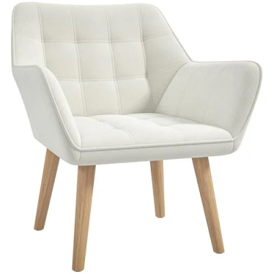 Image of HOMCOM Armchair Accent Chair, Vanity Chair with Wide Arms, Slanted Back, Padding, Metal Frame, Wooden Legs, Home Bedroom Furniture Seating, Cream White
