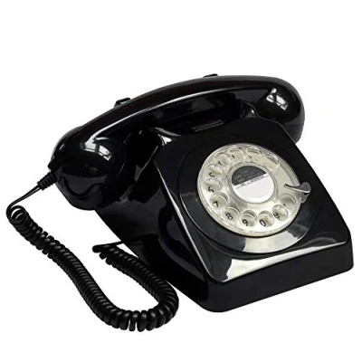 Image of GPO 746 Rotary 1970s Style Retro Landline Telephone, Classic Telephone with Ringer On/Off Switch, Curly Cord, Authentic Bell Ring for Home, Hotels Black