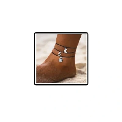 Image of 3Pcs Sun Moon Anklet Star Crescent Bracelet Boho Wax Rope Beach Foot Chain Jewelry for Women Girls Teens