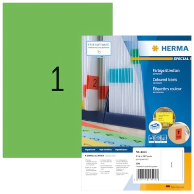 Image of HERMA Self Adhesive Coloured Labels, 1 Label per A4 Sheet, 100 Sheets, 210 x 297 mm, Blank Colour Labels Stickers, Sticky for Laser &amp; Inkjet Printer, Green