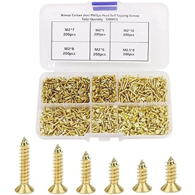 Image of 1200pcs Small Self Tapping Screws Flat Head Cross Wood Assortment Kit M2 / M2.5 Drilling Carbon Steel Screw for Hinges Multi Purpose DIY Decorative