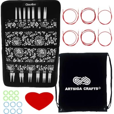 Image of ChiaoGoo Twist Red Lace 4 Inch Complete 7400 C Interchangeable Circular Knitting Needle Set, Sizes US 2, 3, 4, 5, 6, 7, 8, 9, 10, 10.5, 11, 13, 15 with 6 Cords Bundle 1 Artsiga Crafts Project Bag