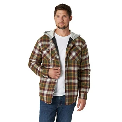 Image of Wrangler Authentics Men&#039;s Long Sleeve Quilted Lined Flannel Jacket With Hood Button Down Shirt, Olive Night, L UK