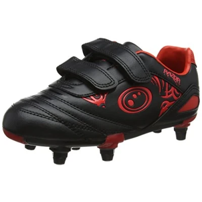 Image of Optimum Boy&#039;s Razor 6 Stud Football Boots Flat Moulded Outsole, Easy Fastening Astro Trainers PU Leather, Flexible &amp; Comfortable Fit Red (Black/Red), 2 UK 35 EU