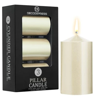 Image of DECO EXPRESS Pillar Candles Pack of 3 Long Lasting 30 Hours Burn Time Unscented Decorative Metallic Colours (Metallic Ivory, Pack)