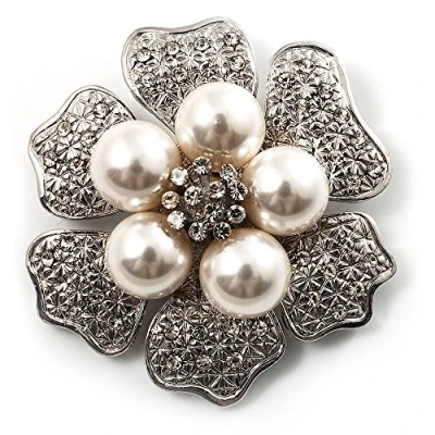 Image of Avalaya 6 Petal Imitation Pearl Floral Brooch (Silver&amp;White)