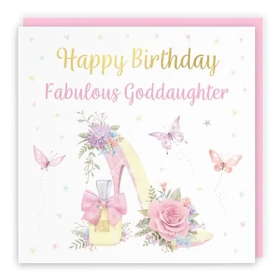 Image of Hunts England Goddaughter High Heel And Perfume Pretty Birthday Card Luxury Gold Foil Milo&#039;s Gallery Butterflies, Flowers, Hearts Female For