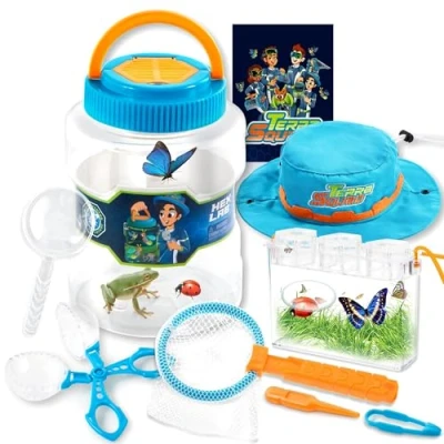 Image of JOYIN Bug Catcher Nature Exploration Set Includes Habitat Bucket, Critter Box, Activity Booklet, Butterfly Net, Magnifier, Tweezer, Pipette, Tong, and Hat Catching Kids 3+
