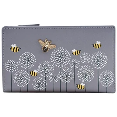 Image of Mala Leather Moonflower Compact Purse Bumble Bee RFID Protection (Grey)