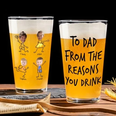 Image of KEMEILA to Dad from The Reason You Drink Beer Glass, Funny Gifts for Dad, Personalized Glass with Kid&#039;s Photo Name 16 oz Pint Beer, Birthday Christmas Fathers Day