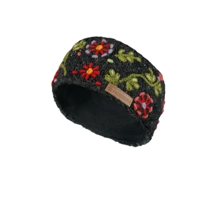 Image of Women Wool Ear Warmer Headband Fleece Lined Handknitted Flower Embroidery Multicoloured One Size Handmade Pachamama Fair Trade