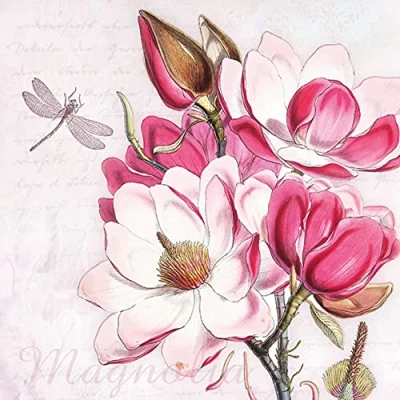 Image of 20 Napkins Painted Flowers White / Pink Vintage Spring Summer Table Decoration 33 x cm