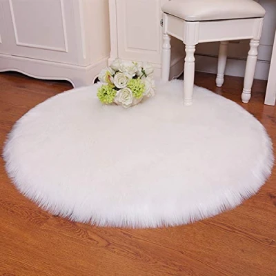 Image of QINGLOU Faux Fur Sheepskin Style Rug Fleece Chair Cover Seat Pad Soft Fluffy Shaggy Area Rugs For Living Room Bedroom Sofa Floor (White（Round）, 45 x 45cm)