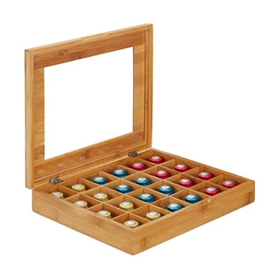 Image of Relaxdays Bamboo Capsule Holder, 24 Compartments, Hinged, Dispenser, Tee Bag Box, Natural
