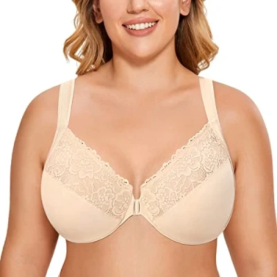 Image of Delimira Women&#039;s Front Fastening Bras Unlined Lace Plus Size Support Underwire Beige 46C