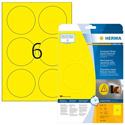 Image of HERMA Self Adhesive Film Labels, 6 Labels per A4 Sheet, 25 Sheets, Ø 85 mm, 150 Blank Weatherproof Round Stickers, Sticky Dots for Laser &amp; Inkjet Printer, Yellow