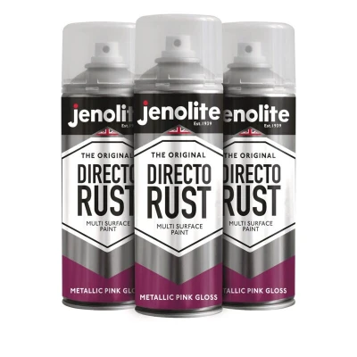 Image of JENOLITE Directorust Metallic Gloss Spray Paint PINK 3x400ml Multi Surface Gold for Metal, Wood, Plastic All In_OnePrimer, Undercoat and Topcoat Interior &amp; Exterior