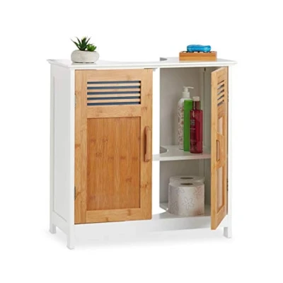 Image of Relaxdays Basin Vanity Unit, Bamboo Doors, Height Adjustable Shelf, Siphon Cut Out, HWD: 60x60x30cm, Natural/White