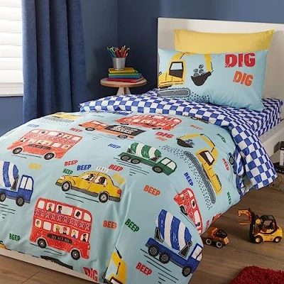 Image of Bedlam Car &amp; Bus Duvet Cover Double Bedding Size (200 x 200cm) Reversible (2 Designs) Blue Check with Transports Trucks for Boys Transport Themed in
