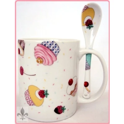 Image of Fairy Cupcakes Mug &amp; Spoon Porcelain Ceramic Cup Cakes Matching Set Hand Decorated in UK