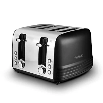 Image of Tower, T20081BLK, Ash 4 Slice Toaster with Dual Controls, Defrost/Reheat/Cancel, 1850W, Black &amp; Chrome