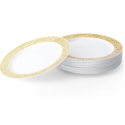 Image of MATANA 20 Premium White Plastic Dessert Plates with Gold Rim, 19cm / 7 Inch Elegant &amp; Reusable Small Side Plates, Starter for Weddings, Birthdays, Picnic, BBQ, Parties