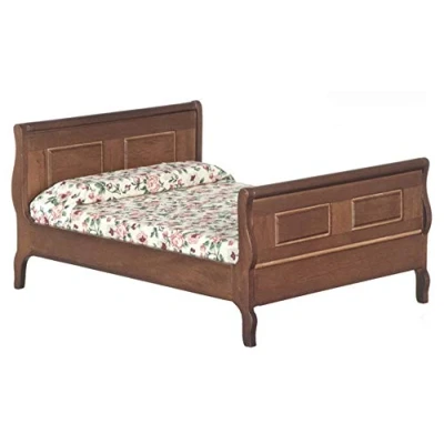 Image of Melody Jane Dolls House Dark Oak Double Sleigh Bed Miniature 1:12 Wooden Bedroom Furniture
