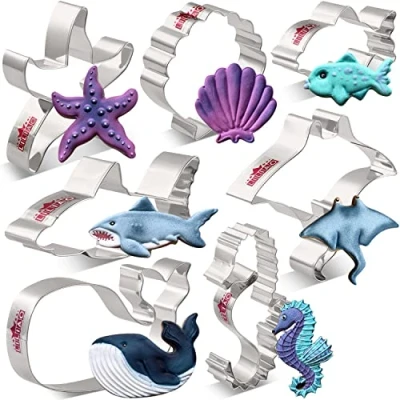 Image of LILIAO Cookie Cutter Set Under the Sea 7 Pieces Shark, Whale, Fish, Manta, Starfish, Shell and Seahorse Biscuit Fondant Cutters Stainless Steel