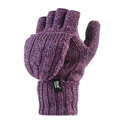 Image of HEAT HOLDERS Womens Thermal Converter Fingerless Cable Knit 2.3 tog Gloves (Purple Twist)