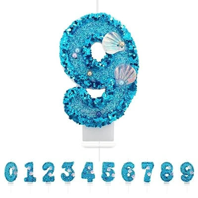 Image of Number 9 Candle,Blue Mermaid Birthday Candles for Girl,Cake Topper Decoration Girls Party