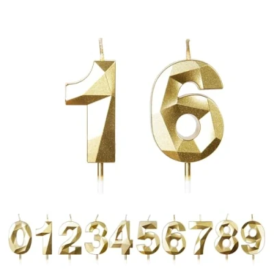 Image of FUZVOL Birthday Candles, Number 16 Candle, Gold Candle for Cake, Happy Cake Candles Topper Decorations