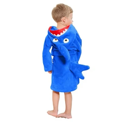Image of LOLANTA Kids Fleece Dressing Gown Shark Plush Hooded Bathrobe, Blue Shark, M (3 5 Years)