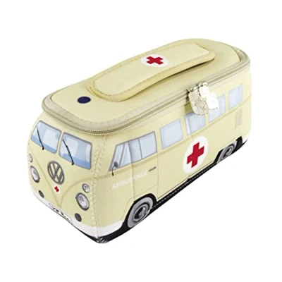 Image of BRISA VW Collection Volkswagen Neoprene Universal Makeup Cosmetics Toiletry Travel Pharmacy Bag in T1 Bus Design (Ambulance/Beige/Small)