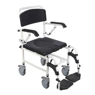 Image of Attendant controlled Wheeled mobile commode shower chair with footrests and flip up armrests