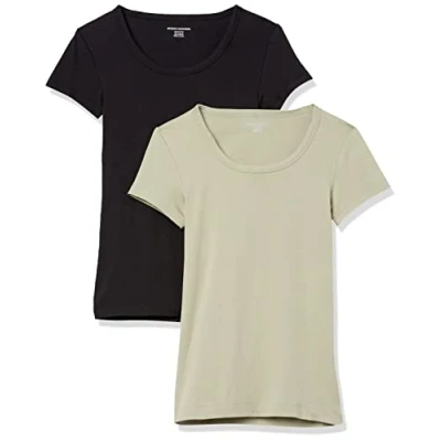 Image of Amazon Essentials Women&#039;s Slim Fit Cap Sleeve Scoop Neck T Shirt, Pack of 2, Black/Sage Green, XL